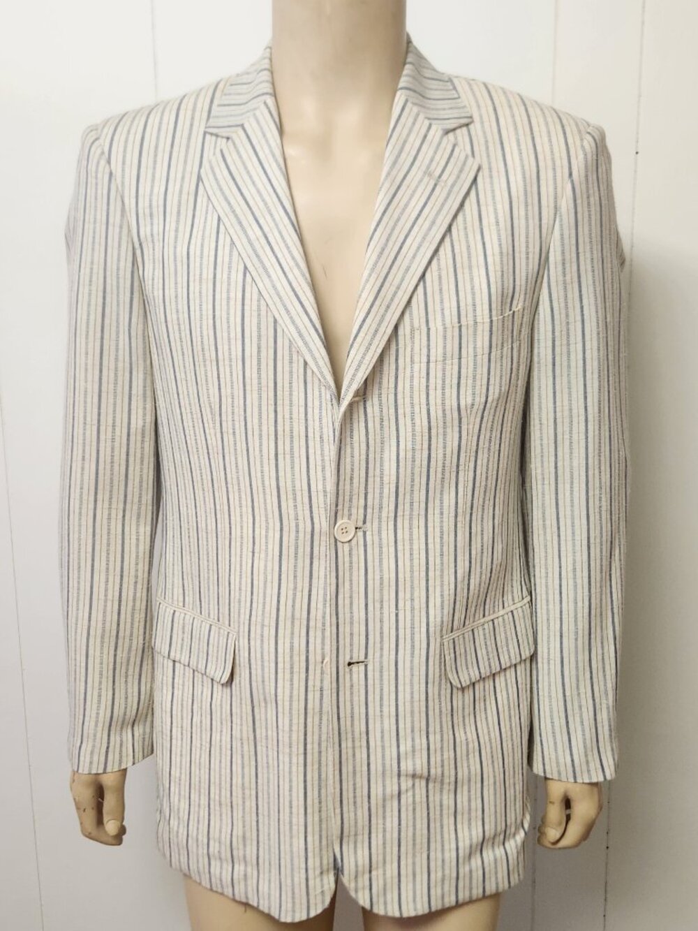 striped sport coat 38R three button linen blend ivory blue